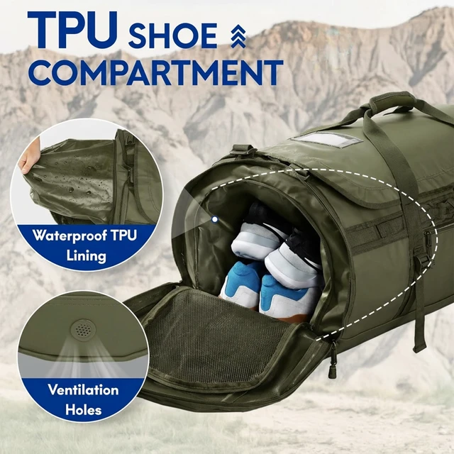 Alt view image 5 of 7 - 90L Large Duffle Backpack Bag for Men Travel, Heavy Duty Duffel Bags with Shoes Compartment for Traveling, Long Trip, Camping, Water-resistant, Army Green