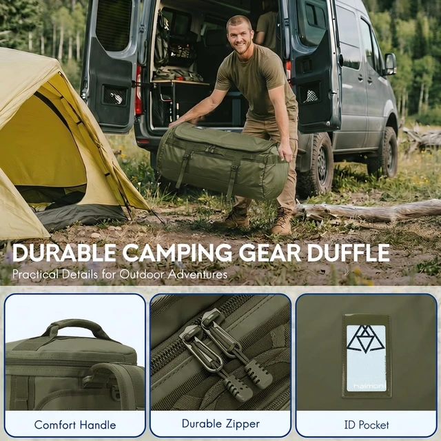 Alt view image 7 of 7 - 90L Large Duffle Backpack Bag for Men Travel, Heavy Duty Duffel Bags with Shoes Compartment for Traveling, Long Trip, Camping, Water-resistant, Army Green