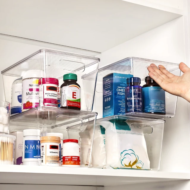 Alt view image 6 of 7 - 12 Pack Clear Stackable Storage Bins with Lids and Handles, Large | BPA-free Plastic, Organize Vertically, For Pantry Kitchen Fridge Cabinet Closet Bathroom, Built to Last, Easy to Move