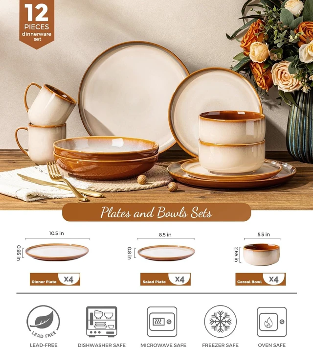 Alt view image 2 of 7 - Ceramic Dinnerware Sets for 4,12Pcs Porcelain Plates and Bowls Set | Handmade Reactive Glaze Ceramic Dish Set, Oven & Microwave, Dishwasher Safe, Light Weight & Scratch Resistant-Khaki