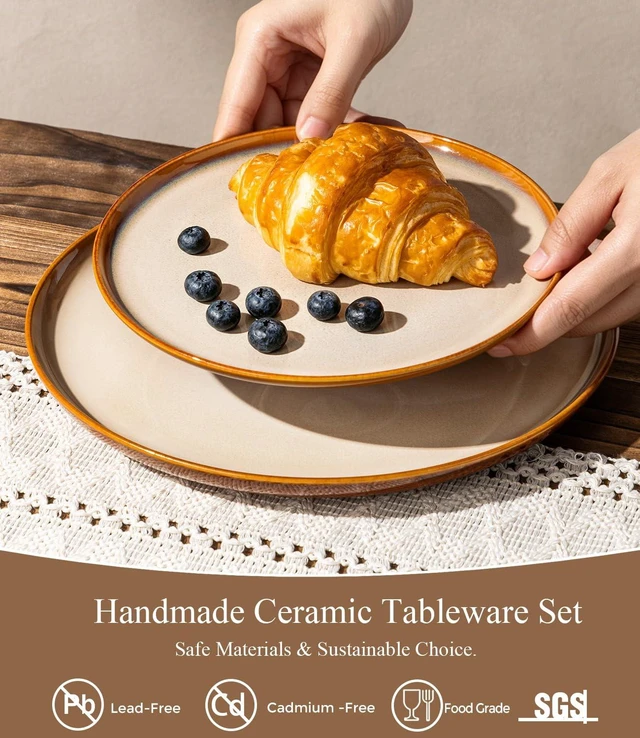 Alt view image 3 of 7 - Ceramic Dinnerware Sets for 4,12Pcs Porcelain Plates and Bowls Set | Handmade Reactive Glaze Ceramic Dish Set, Oven & Microwave, Dishwasher Safe, Light Weight & Scratch Resistant-Khaki