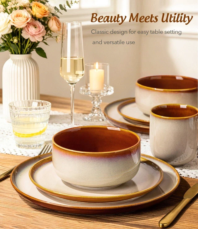 Alt view image 4 of 7 - Ceramic Dinnerware Sets for 4,12Pcs Porcelain Plates and Bowls Set | Handmade Reactive Glaze Ceramic Dish Set, Oven & Microwave, Dishwasher Safe, Light Weight & Scratch Resistant-Khaki