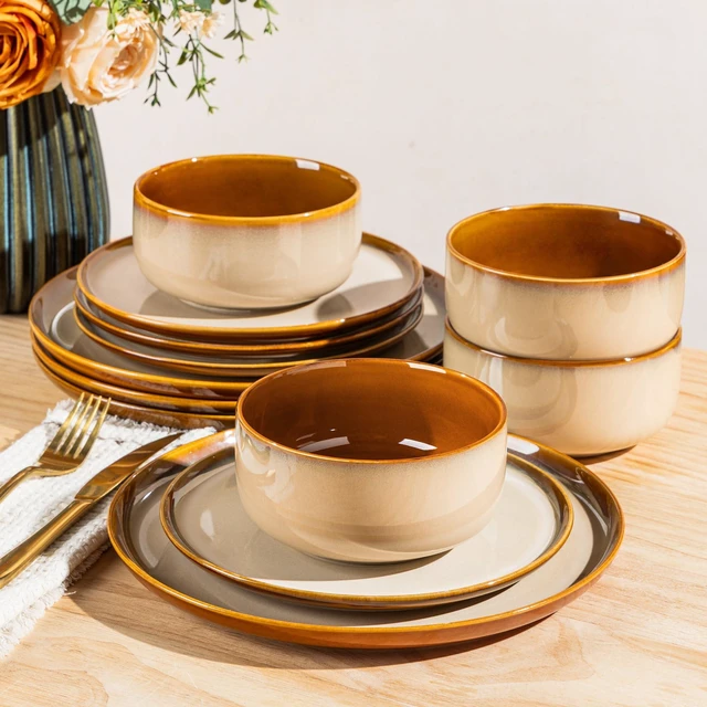 Main image of Ceramic Dinnerware Sets for 4,12Pcs Porcelain Plates and Bowls Set | Handmade Reactive Glaze Ceramic Dish Set, Oven & Microwave, Dishwasher Safe, Light Weight & Scratch Resistant-Khaki