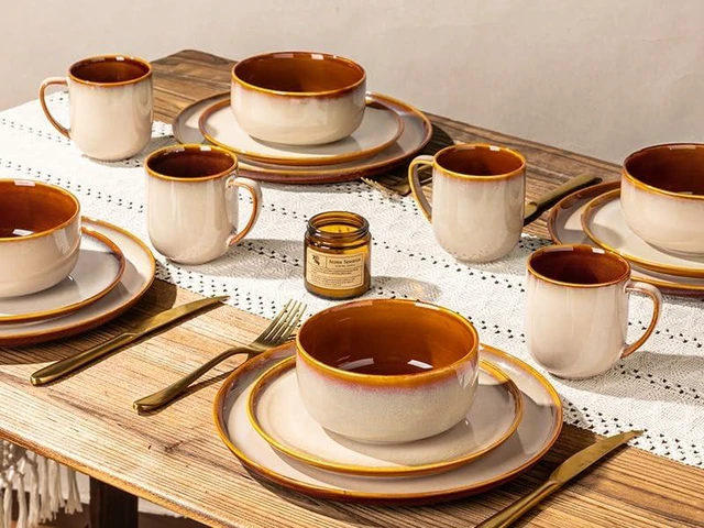 Alt view image 7 of 7 - Ceramic Dinnerware Sets for 4,12Pcs Porcelain Plates and Bowls Set | Handmade Reactive Glaze Ceramic Dish Set, Oven & Microwave, Dishwasher Safe, Light Weight & Scratch Resistant-Khaki