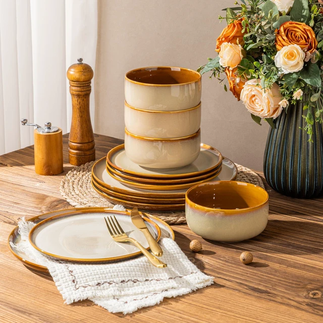 Alt view image 5 of 7 - Ceramic Dinnerware Sets for 4,12Pcs Porcelain Plates and Bowls Set | Handmade Reactive Glaze Ceramic Dish Set, Oven & Microwave, Dishwasher Safe, Light Weight & Scratch Resistant-Khaki
