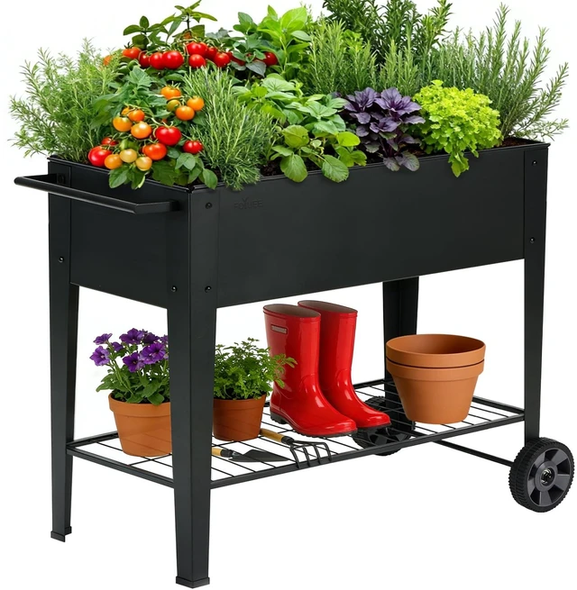 Main image of 31.5" Tall Elevated Mobile Raised Garden Bed with Wheels and Shelf | Extra 15.7" W, 400 lbs. Rust-Resistant Steel Planter Cart for Vegetables, Herbs & Flowers. Patio/Balcony