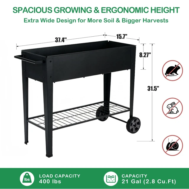 Alt view image 3 of 7 - 31.5" Tall Elevated Mobile Raised Garden Bed with Wheels and Shelf | Extra 15.7" W, 400 lbs. Rust-Resistant Steel Planter Cart for Vegetables, Herbs & Flowers. Patio/Balcony
