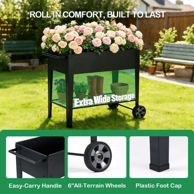 Alt view image 5 of 7 - 31.5" Tall Elevated Mobile Raised Garden Bed with Wheels and Shelf | Extra 15.7" W, 400 lbs. Rust-Resistant Steel Planter Cart for Vegetables, Herbs & Flowers. Patio/Balcony