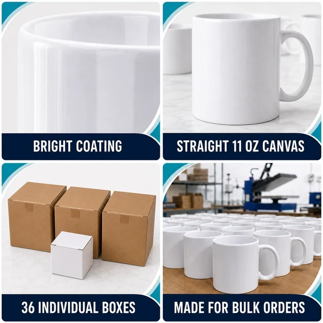 Alt view image 6 of 7 - 36 Pack Sublimation Mugs 11oz White Blank Ceramic Coffee Mugs with Individual White Boxes, AAA Grade with Premium Coating for Heat Press DIY, Dishwasher Microwave Safe