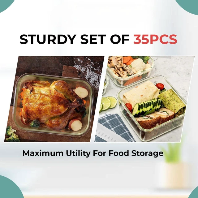 Alt view image 4 of 7 - 35 Pc Set Glass Food Storage Containers with Lids - Meal Prep Airtight Bento Boxes BPA-Free 100% Leak Proof (15 lids,15 glass & 5 Plastic Sauce/Dip Containers)