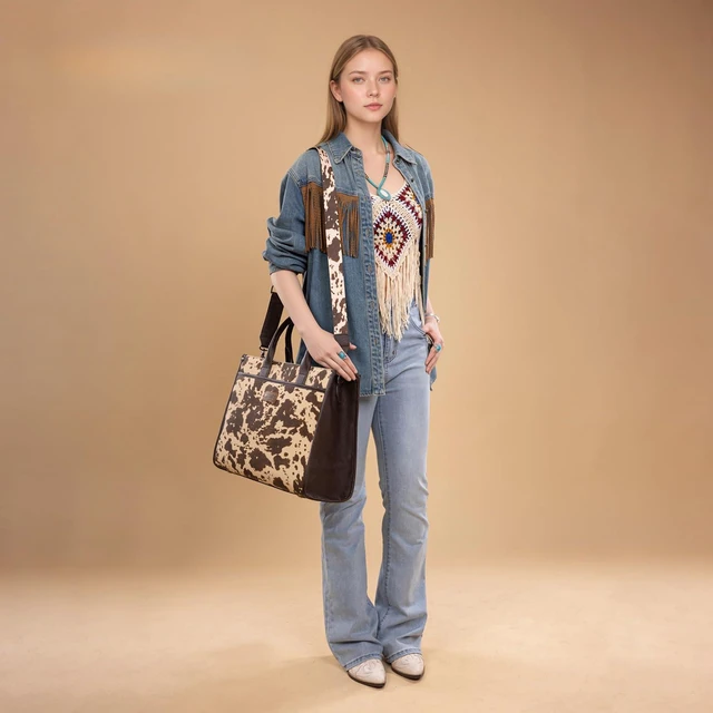 Alt view image 3 of 6 - Wrangler Laptop Bag for Women 15.6 Inch Vintage Work Tote Bag for Business Briefcase Handbag with Adjustable Shoulder Strap Cow Print Coffee WG288-8119COW-CF