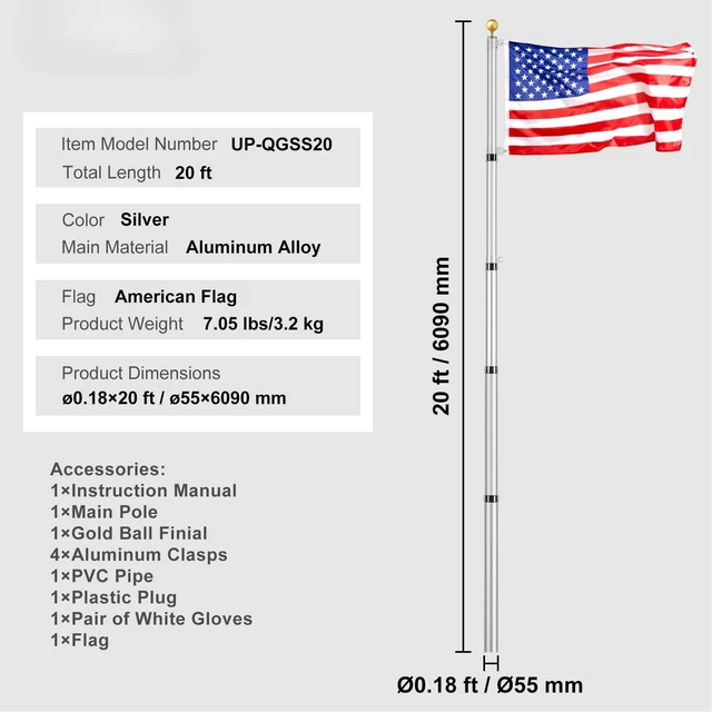 Alt view image 7 of 7 - 20FT Telescoping Flagpole Kit, Heavy Duty Aluminum Alloy in Ground Flag Poles for Outside, 3 Display Modes with 3x5 American Flag, Professional Accessories, Silver