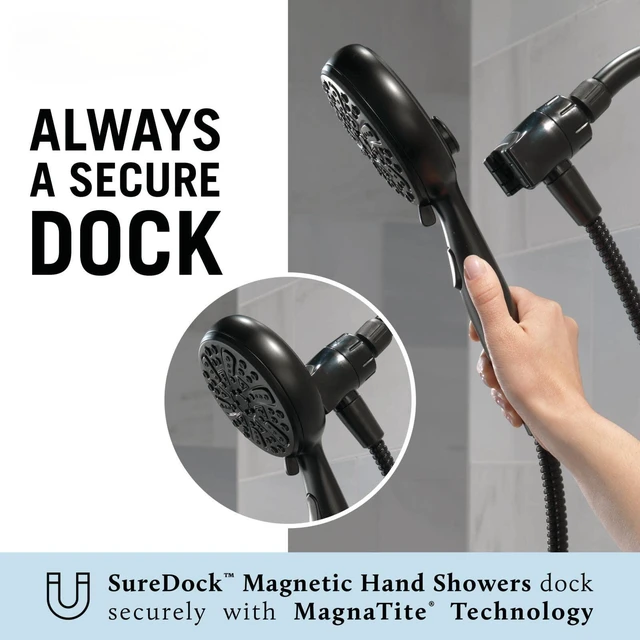 Alt view image 4 of 5 - Faucet 6-Spray SureDock Magnetic Shower Head with Handheld Spray, Brushed Nickel Shower Head with Hose, Showerheads & Handheld Showers, MagnaTite Docking, Stainless 75609SN