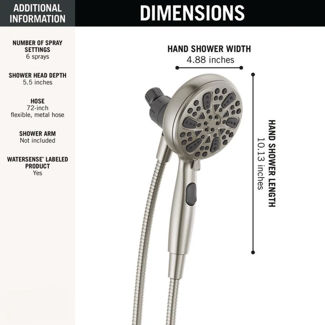 Alt view image 3 of 5 - Faucet 6-Spray SureDock Magnetic Shower Head with Handheld Spray, Brushed Nickel Shower Head with Hose, Showerheads & Handheld Showers, MagnaTite Docking, Stainless 75609SN