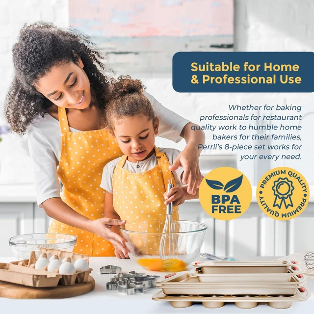Alt view image 5 of 7 - 10 Piece Baking Set - Nonstick Gold Steel Oven Bakeware With Silicone Handles, Cookie Sheets, Round Cake Pans, 9x13 Pan With Lid, Loaf Pan, Deep Pan, Pizza Crisper, Muffin Pan