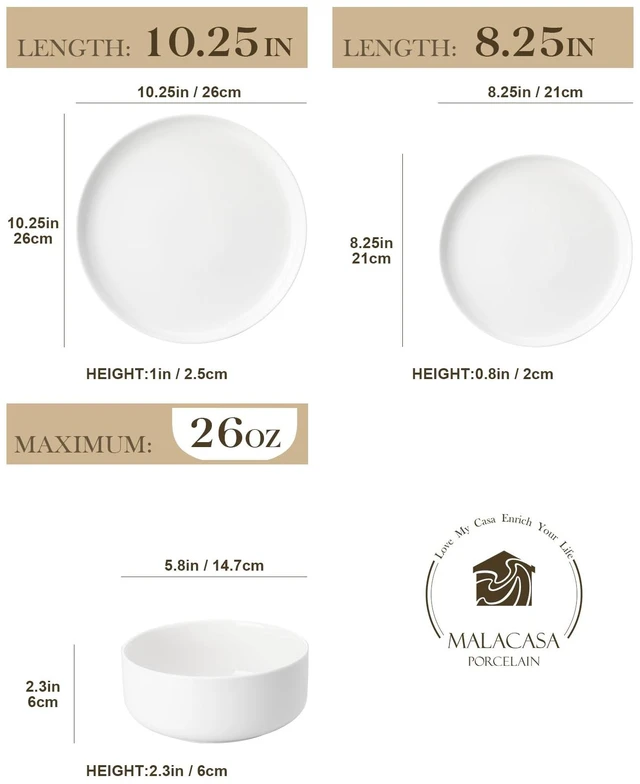 Alt view image 2 of 7 - 12 Pcs Porcelain Plates and Bowls Sets,Dinnerware Set for 4,White | Modern Ceramic Dishware Set,Kitchen Dining Ware,Microwave and Dishwasher Safe, Chip Resistant, Series LUNA