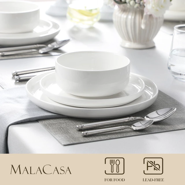 Alt view image 3 of 7 - 12 Pcs Porcelain Plates and Bowls Sets,Dinnerware Set for 4,White | Modern Ceramic Dishware Set,Kitchen Dining Ware,Microwave and Dishwasher Safe, Chip Resistant, Series LUNA
