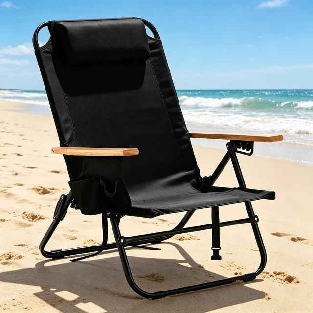 Alt view image 3 of 7 - Portable Beach Chair for Adults, Outdoor Camping Chair Lay Flat Folding Backpack Beach Reclining Chair with 5 Positions, Headrest, Cup Holder, Heavy Blue Coconut Tree