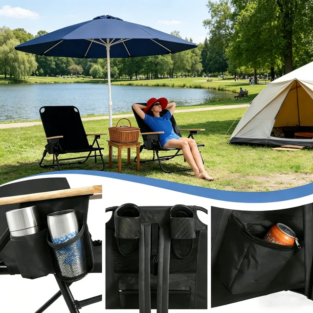 Alt view image 7 of 7 - Portable Beach Chair for Adults, Outdoor Camping Chair Lay Flat Folding Backpack Beach Reclining Chair with 5 Positions, Headrest, Cup Holder, Heavy Blue Coconut Tree