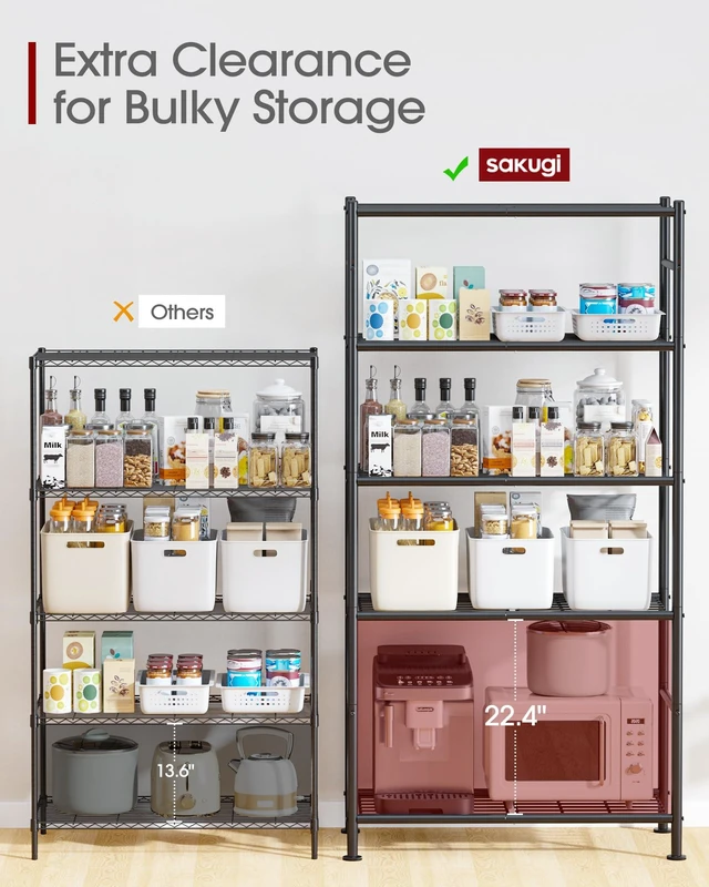 Alt view image 4 of 7 - Storage Shelves - 5 Tier Shelf Organizer, Heavy Duty Garage Shelving Unit with Leveling Feet, Stable Metal Shelves Organizer for Pantry, Kitchen and Closet, 33.0" W x 12.6" D x 72.0" H, Black