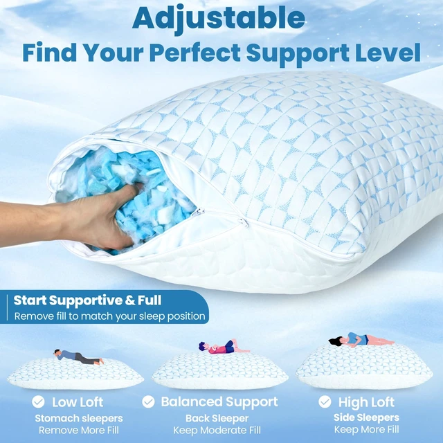 Alt view image 3 of 7 - King Size Cooling Firm Shredded Memory Foam Pillows Set of 2 | Adjustable Bed Pillows for Hot Sleepers and Side Back Stomach Sleepers, Washable Cover, CertiPUR-US Certified