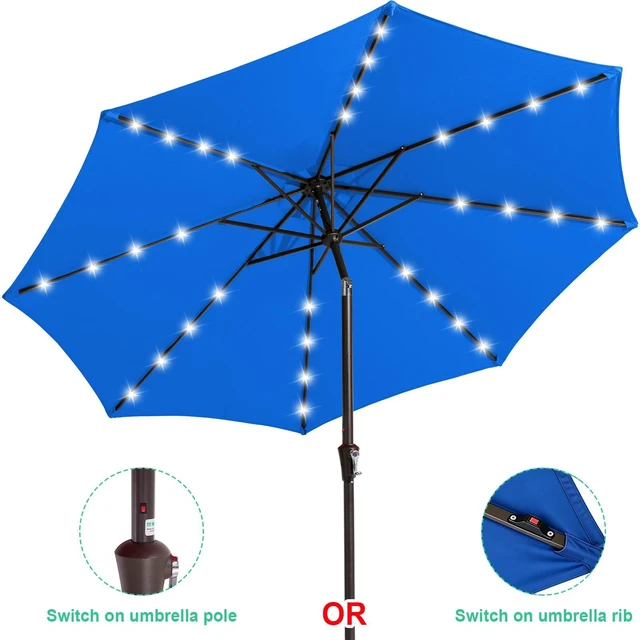 Alt view image 2 of 7 - 9FT Outdoor Patio Umbrella with Solar Lights, LED Lighted Pool Umbrella with Tilt and Crank, Outdoor Table Umbrellas for Deck, Yard & Market (Royal Blue)