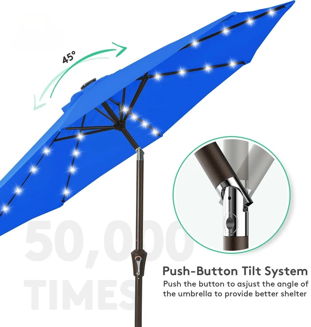 Alt view image 4 of 7 - 9FT Outdoor Patio Umbrella with Solar Lights, LED Lighted Pool Umbrella with Tilt and Crank, Outdoor Table Umbrellas for Deck, Yard & Market (Royal Blue)
