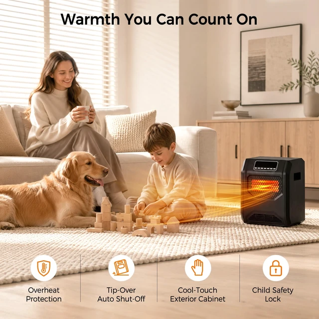 Alt view image 5 of 7 - 1500W Infrared Space Heater for Indoor Use | Electric Heater with 6 Quartz Element, Tip-Over & Overheat Protection, 12H Timer, Remote, Thermostat Control, Large Rooms