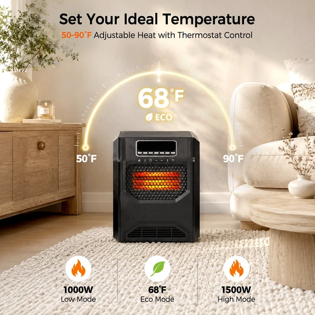 Alt view image 6 of 7 - 1500W Infrared Space Heater for Indoor Use | Electric Heater with 6 Quartz Element, Tip-Over & Overheat Protection, 12H Timer, Remote, Thermostat Control, Large Rooms