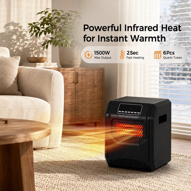 Alt view image 2 of 7 - 1500W Infrared Space Heater for Indoor Use | Electric Heater with 6 Quartz Element, Tip-Over & Overheat Protection, 12H Timer, Remote, Thermostat Control, Large Rooms