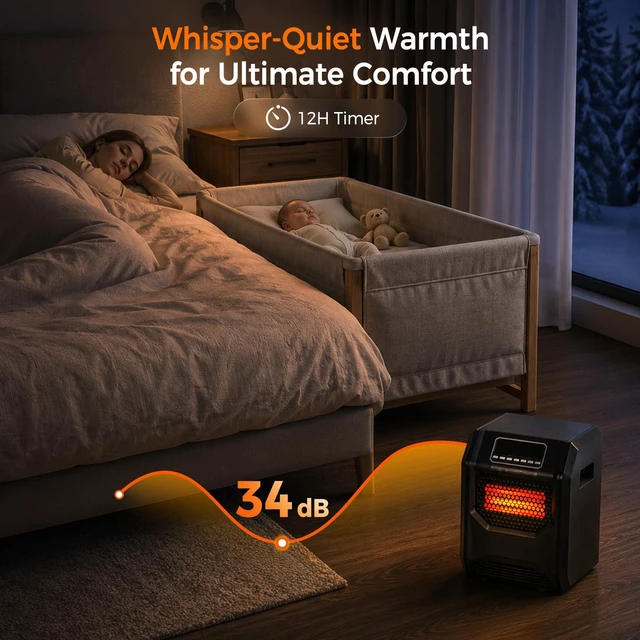 Alt view image 4 of 7 - 1500W Infrared Space Heater for Indoor Use | Electric Heater with 6 Quartz Element, Tip-Over & Overheat Protection, 12H Timer, Remote, Thermostat Control, Large Rooms