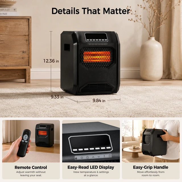 Alt view image 7 of 7 - 1500W Infrared Space Heater for Indoor Use | Electric Heater with 6 Quartz Element, Tip-Over & Overheat Protection, 12H Timer, Remote, Thermostat Control, Large Rooms