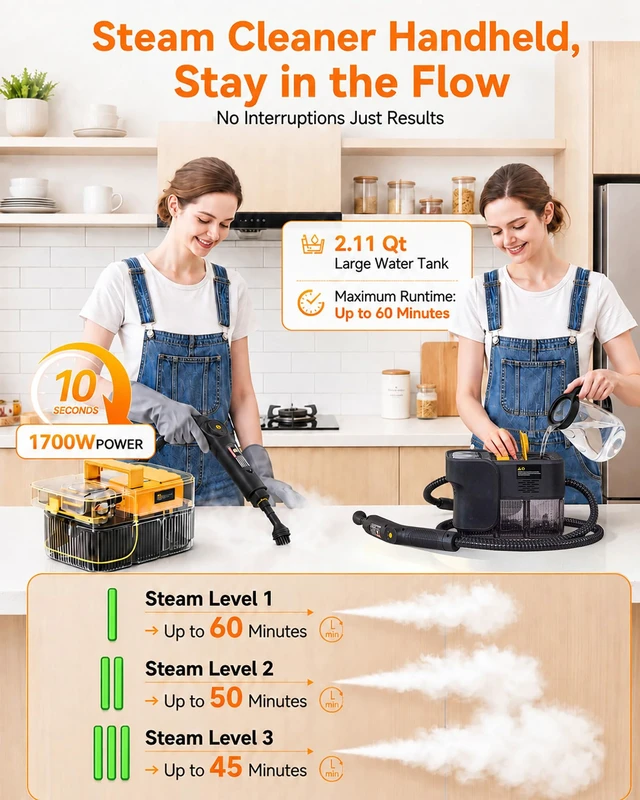Alt view image 3 of 7 - Steam Cleaner, 3 Level Adjustable Handle with 18 Accessories | 10s Heat Up, 2.11 Quarts Tank, Handle Steam Cleaner for Home, Steamer for Cleaning for Kitchen, Grout, Dirt, Tile, Floor, Car
