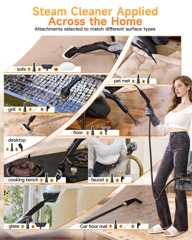 Alt view image 5 of 7 - Steam Cleaner, 3 Level Adjustable Handle with 18 Accessories | 10s Heat Up, 2.11 Quarts Tank, Handle Steam Cleaner for Home, Steamer for Cleaning for Kitchen, Grout, Dirt, Tile, Floor, Car