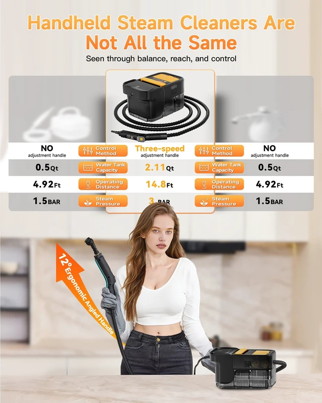 Alt view image 6 of 7 - Steam Cleaner, 3 Level Adjustable Handle with 18 Accessories | 10s Heat Up, 2.11 Quarts Tank, Handle Steam Cleaner for Home, Steamer for Cleaning for Kitchen, Grout, Dirt, Tile, Floor, Car