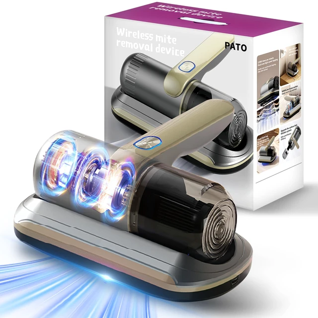Main image of PATO Wireless Handheld Bed Vacuum Cleaner, Golden | with UV-C Light, HEPA Filter and Ultrasonic Vibration, 12KPa, Suitable for Beds, Sofas, Car Seats, Carpets