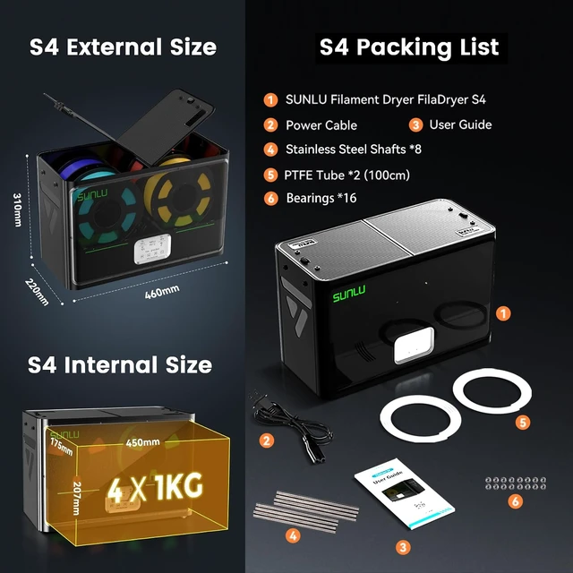 Alt view image 7 of 7 - S4 3D Printer Filament Dryer, 4 Spools Capacity, Black | Upgraded 3 Circulation Fans,350W PTC Heater,70 Max Temperature, Intelligent Humidity Contro