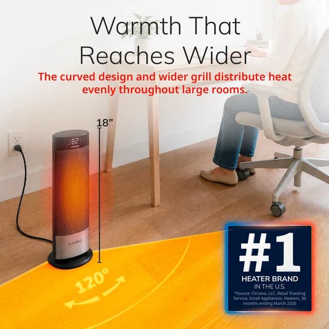 Alt view image 2 of 7 - 18" Ellipse Ceramic Tower Space Heater - Remote - Black - CT18950 | 1500W, Widespread Oscillation, 3 Heat Modes, 2 Fan Settings, Portable Tower Heater for Indoor Use, Office, Timer, Child Lock