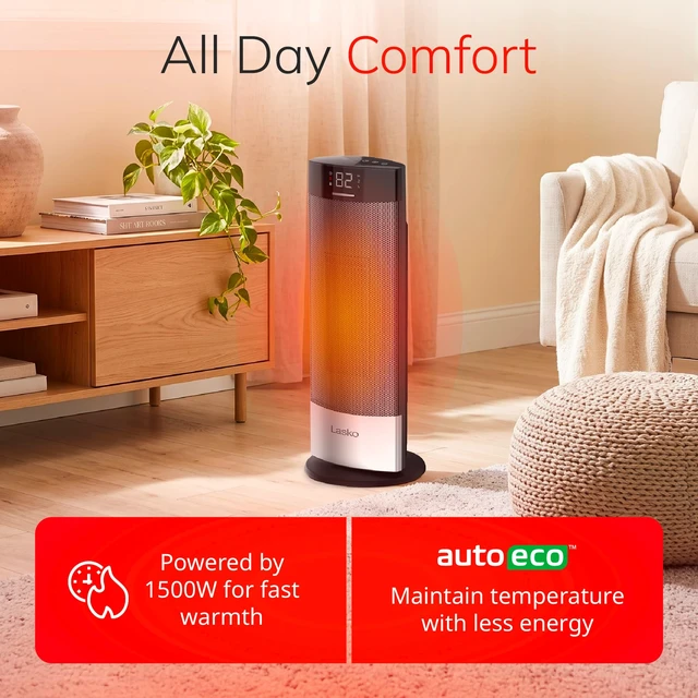 Alt view image 4 of 7 - 18" Ellipse Ceramic Tower Space Heater - Remote - Black - CT18950 | 1500W, Widespread Oscillation, 3 Heat Modes, 2 Fan Settings, Portable Tower Heater for Indoor Use, Office, Timer, Child Lock