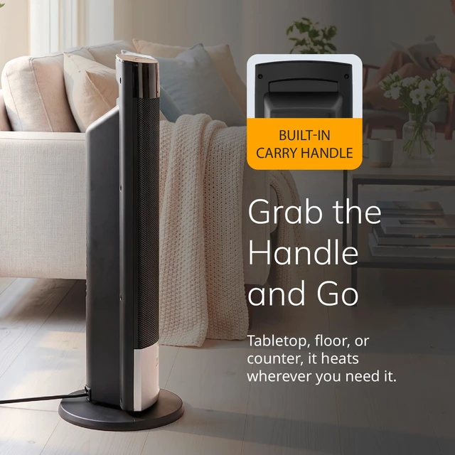 Alt view image 6 of 7 - 18" Ellipse Ceramic Tower Space Heater - Remote - Black - CT18950 | 1500W, Widespread Oscillation, 3 Heat Modes, 2 Fan Settings, Portable Tower Heater for Indoor Use, Office, Timer, Child Lock