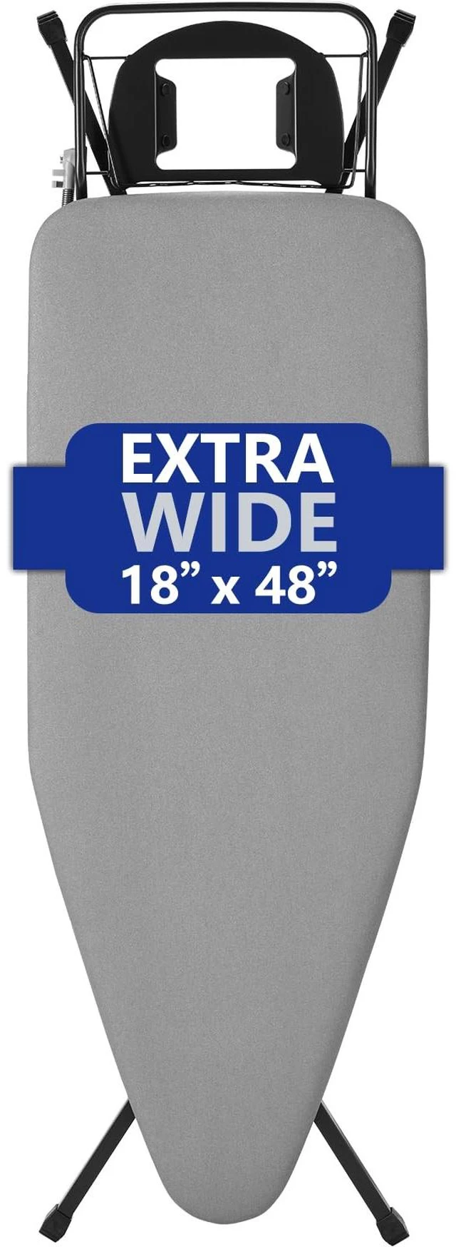 Main image of Extra-Wide Ironing Board 48"×18" Large Surface (57" w/Iron Rest) Built-in Clothes Rack, Hanger & Cord Holder Heat-Resistant Cover Heavy-Duty, No Wobble Adjustable Height Black Grey.