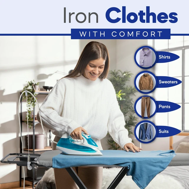 Alt view image 3 of 6 - Extra-Wide Ironing Board 48"×18" Large Surface (57" w/Iron Rest) Built-in Clothes Rack, Hanger & Cord Holder Heat-Resistant Cover Heavy-Duty, No Wobble Adjustable Height Black Grey.