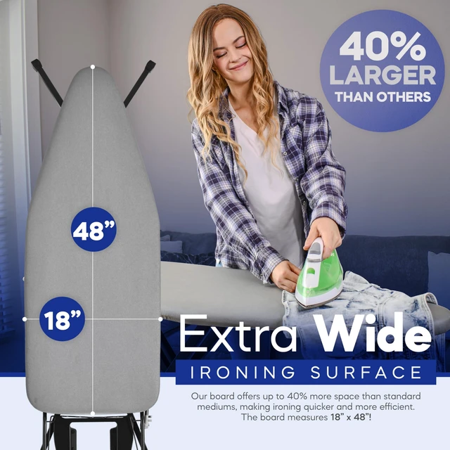 Alt view image 2 of 6 - Extra-Wide Ironing Board 48"×18" Large Surface (57" w/Iron Rest) Built-in Clothes Rack, Hanger & Cord Holder Heat-Resistant Cover Heavy-Duty, No Wobble Adjustable Height Black Grey.