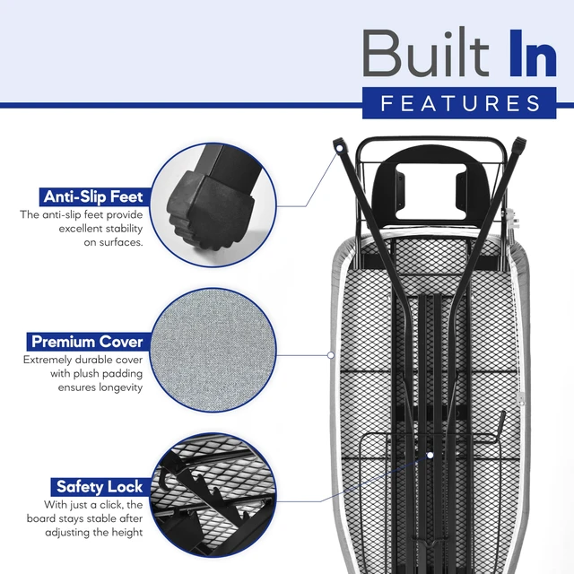 Alt view image 4 of 6 - Extra-Wide Ironing Board 48"×18" Large Surface (57" w/Iron Rest) Built-in Clothes Rack, Hanger & Cord Holder Heat-Resistant Cover Heavy-Duty, No Wobble Adjustable Height Black Grey.