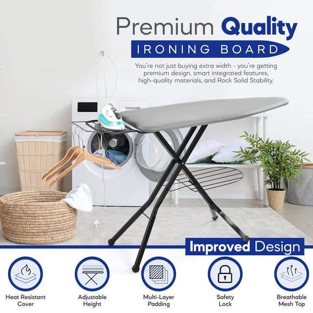 Alt view image 5 of 6 - Extra-Wide Ironing Board 48"×18" Large Surface (57" w/Iron Rest) Built-in Clothes Rack, Hanger & Cord Holder Heat-Resistant Cover Heavy-Duty, No Wobble Adjustable Height Black Grey.