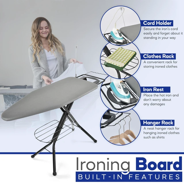 Alt view image 6 of 6 - Extra-Wide Ironing Board 48"×18" Large Surface (57" w/Iron Rest) Built-in Clothes Rack, Hanger & Cord Holder Heat-Resistant Cover Heavy-Duty, No Wobble Adjustable Height Black Grey.