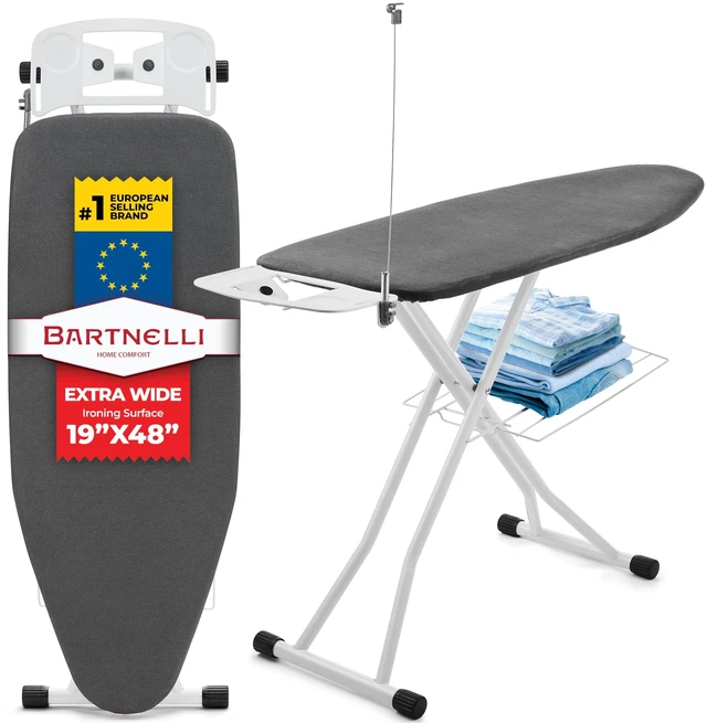 Main image of Extra Wide Pro Ironing Board 19x48 Ironing Surface with Iron Rest, Cord Holder, Shelf and 4 Layer Heat Resistant Cover and Pad