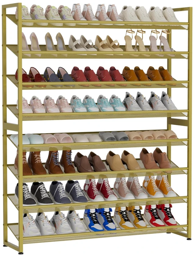 Main image of Large Shoe Rack 8 Tier Shoe Organizer, Heavy Duty Metal 4-Tier Stackable Shoe Storage Vertical Shoe Rack for Closet Front Door Entrance, Up to 50 Pairs, 44.8" W x 11.4" D x 56.7" H, Gold