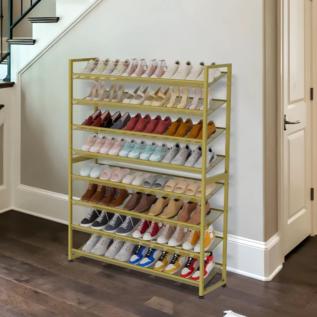 Alt view image 2 of 7 - Large Shoe Rack 8 Tier Shoe Organizer, Heavy Duty Metal 4-Tier Stackable Shoe Storage Vertical Shoe Rack for Closet Front Door Entrance, Up to 50 Pairs, 44.8" W x 11.4" D x 56.7" H, Gold
