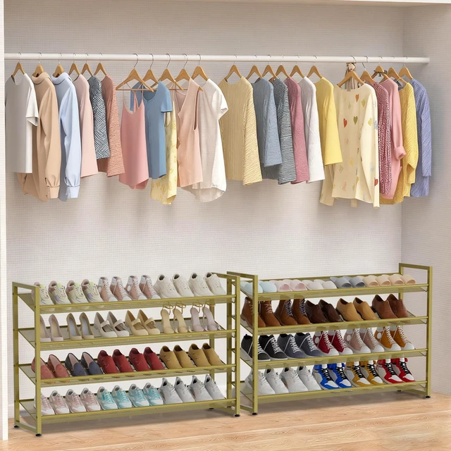 Alt view image 3 of 7 - Large Shoe Rack 8 Tier Shoe Organizer, Heavy Duty Metal 4-Tier Stackable Shoe Storage Vertical Shoe Rack for Closet Front Door Entrance, Up to 50 Pairs, 44.8" W x 11.4" D x 56.7" H, Gold